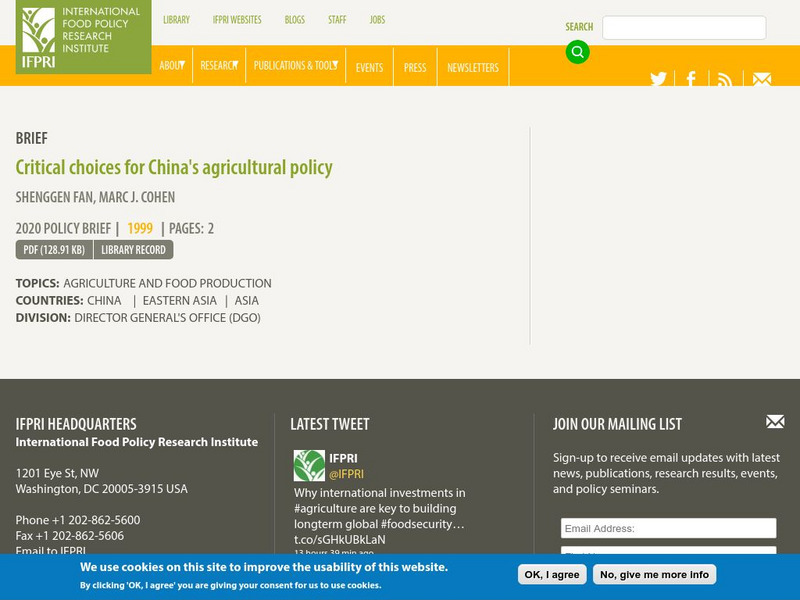 Ifpri: Critical Choices for China's Agricultural Policy Article Ifpri: Critical Choices for China's Agricultural Policy Article
