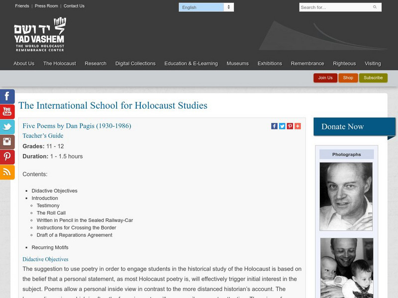 Yad Vashem: Five Poems by Dan Pagis Lesson Plan Yad Vashem: Five Poems by Dan Pagis Lesson Plan