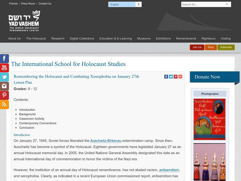 Yad Vashem: Remembering the Holocaust and Combating Xenophobia on January 27 Lesson Plan Yad Vashem: Remembering the Holocaust and Combating Xenophobia on January 27 Lesson Plan