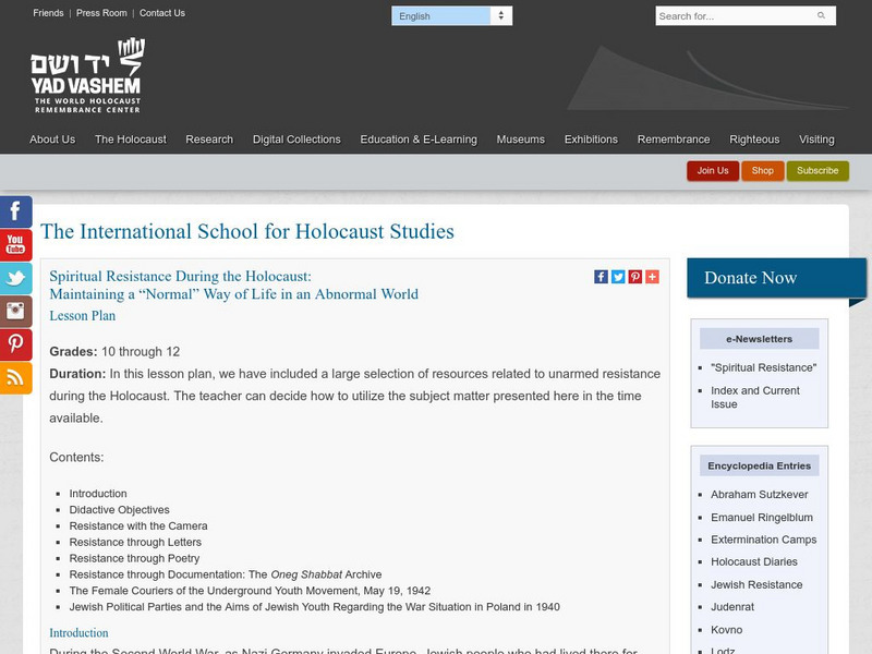 Yad Vashem: Spiritual Resistance During the Holocaust Lesson Plan Yad Vashem: Spiritual Resistance During the Holocaust Lesson Plan