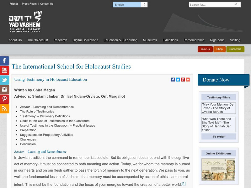 Yad Vashem: Using Testimony in Holocaust Education Article Yad Vashem: Using Testimony in Holocaust Education Article