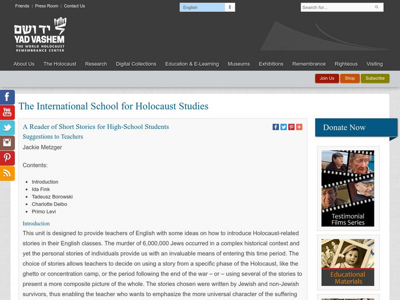 Yad Vashem: A Reader of Short Stories for High School Students Website Yad Vashem: A Reader of Short Stories for High School Students Website