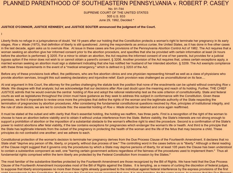 Exploring Constitutional Conflicts: Planned Parenthood v. Robert P. Casey Handout Exploring Constitutional Conflicts: Planned Parenthood v. Robert P. Casey Handout