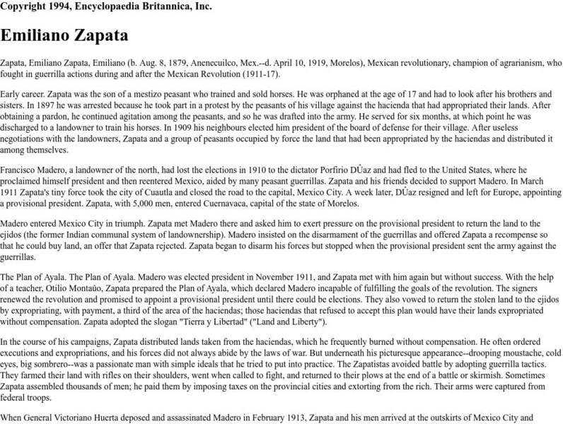 Encyclopedia Britannica: Emiliano Zapata Handout Encyclopedia Britannica: Emiliano Zapata Handout