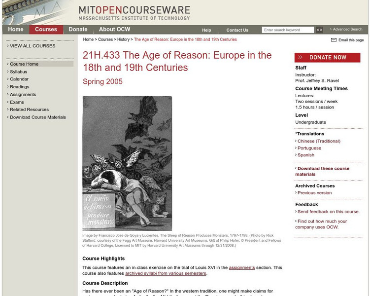 Mit Open Course Ware: The Age of Reason, Europe in the 18th and 19th Centuries Online Course Mit Open Course Ware: The Age of Reason, Europe in the 18th and 19th Centuries Online Course