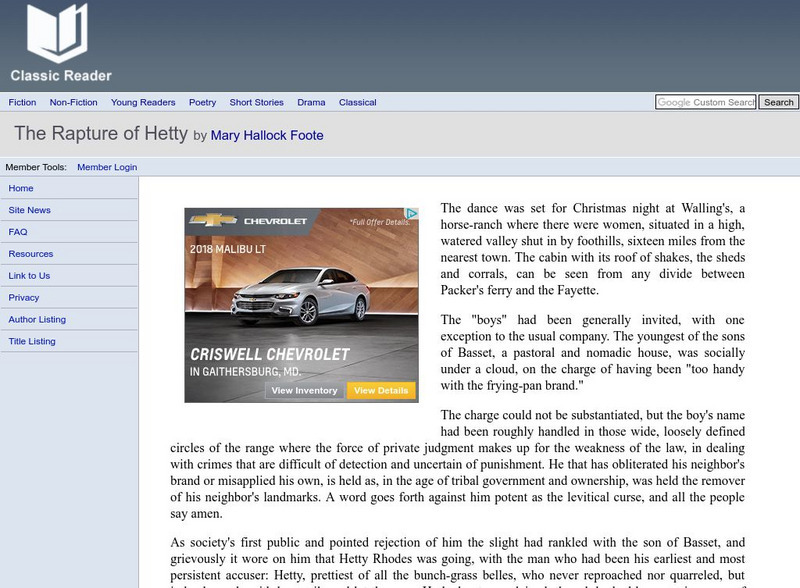 Classic Reader: "The Rapture of Hetty" by Mary Hallock Foote eBook Classic Reader: "The Rapture of Hetty" by Mary Hallock Foote eBook