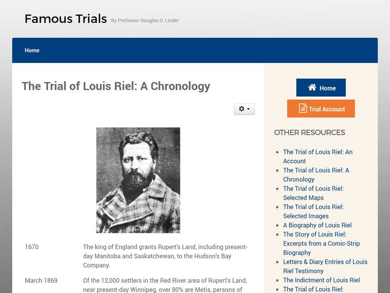 Famous Trials: The Trial of Louis Riel: A Chronology Handout Famous Trials: The Trial of Louis Riel: A Chronology Handout