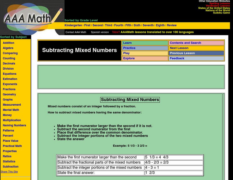 Aaa Math: Subtracting Mixed Numbers Handout Aaa Math: Subtracting Mixed Numbers Handout