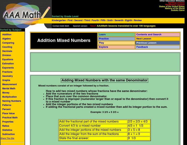Aaa Math: Addition of Mixed Numbers Handout Aaa Math: Addition of Mixed Numbers Handout