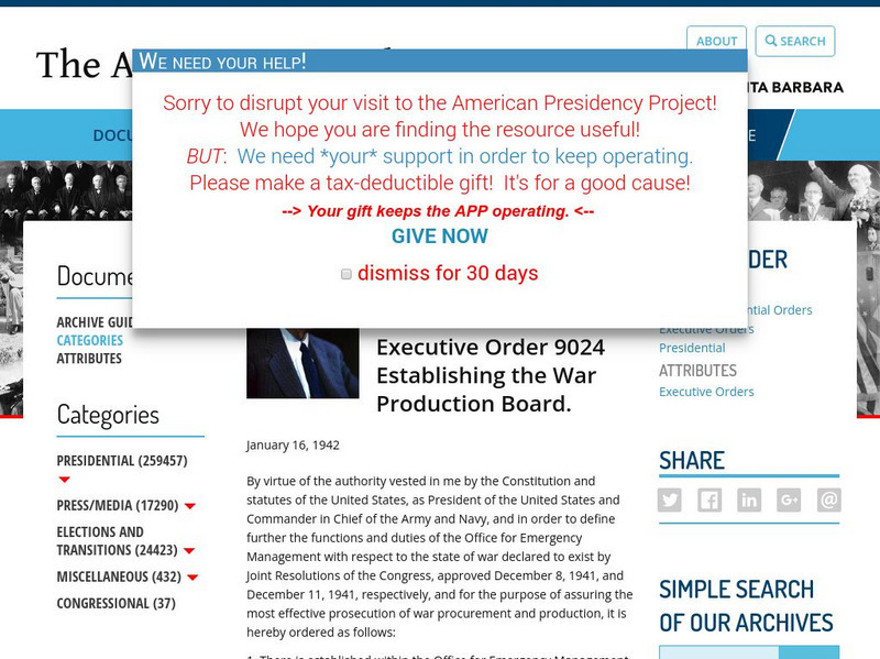 American Presidency Project: Franklin D. Roosevelt: Executive Order 9024 Primary