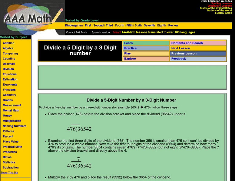 Aaa Math: Divide a 5 Digit Number by a 3 Digit Number Handout