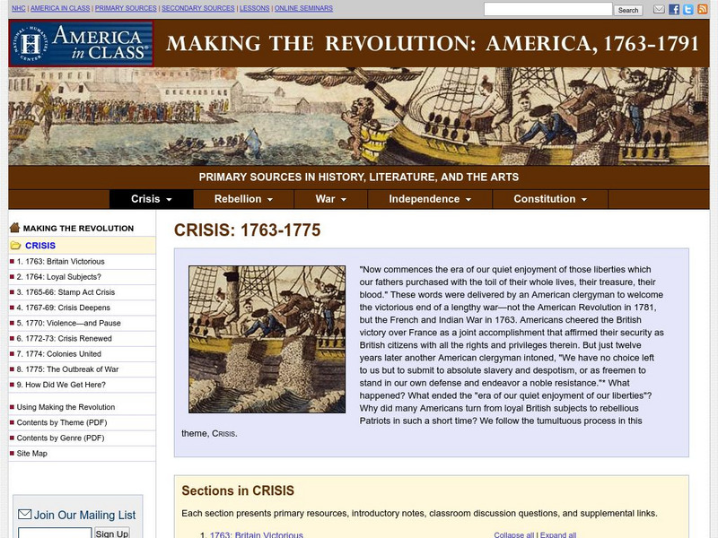 National Humanities Center: America in Class: Making the Revolution: Crisis, 1763 1775 Primary National Humanities Center: America in Class: Making the Revolution: Crisis, 1763 1775 Primary