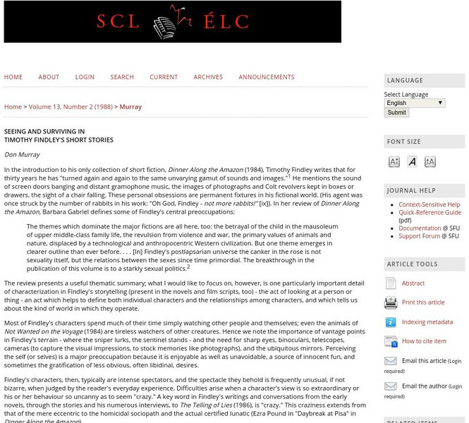 Seeing and Surviving in Timothy Findley's Short Stories Article Seeing and Surviving in Timothy Findley's Short Stories Article