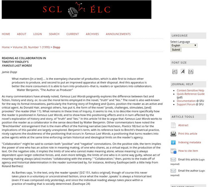 Scl: Reading as Collaboration in Timothy Findley's Famous Last Words Article Scl: Reading as Collaboration in Timothy Findley's Famous Last Words Article
