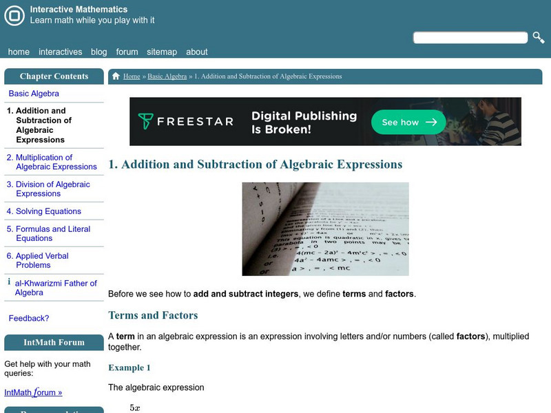 Interactive Mathematics: Add and Subtract Algebraic Expressions Activity