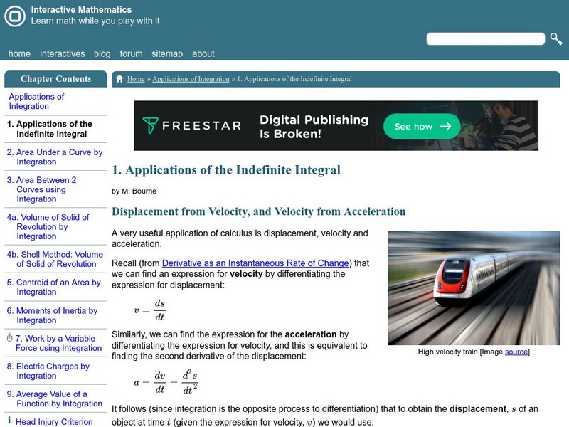 Interactive Mathematics: Applications of Indefinite Integrals Activity