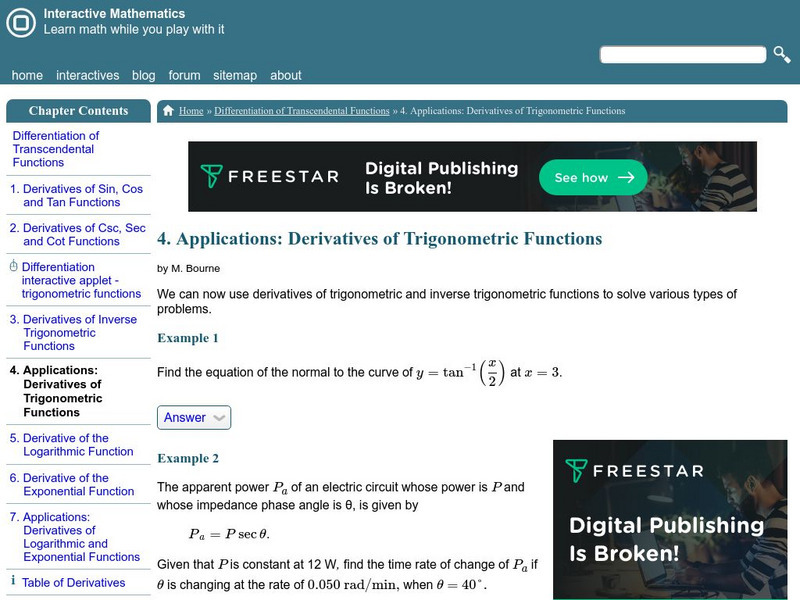 Interactive Mathematics: Applying Trigonometric Derivatives Activity Interactive Mathematics: Applying Trigonometric Derivatives Activity
