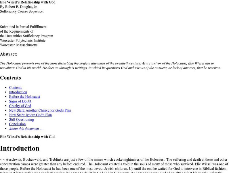 St Sc I: Elie Wiesel's Relationship With God Website