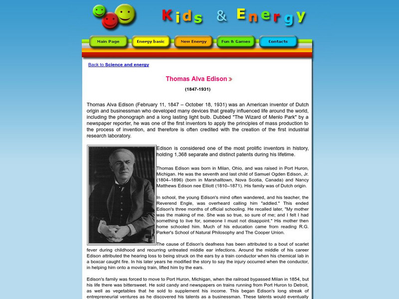 Esd Bulgaria: Kids & Energy: Energy Pioneers: Thomas Alva Edison Handout Esd Bulgaria: Kids & Energy: Energy Pioneers: Thomas Alva Edison Handout