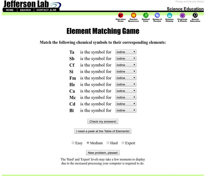 Jefferson Lab: Elements Matching Game Interactive Jefferson Lab: Elements Matching Game Interactive