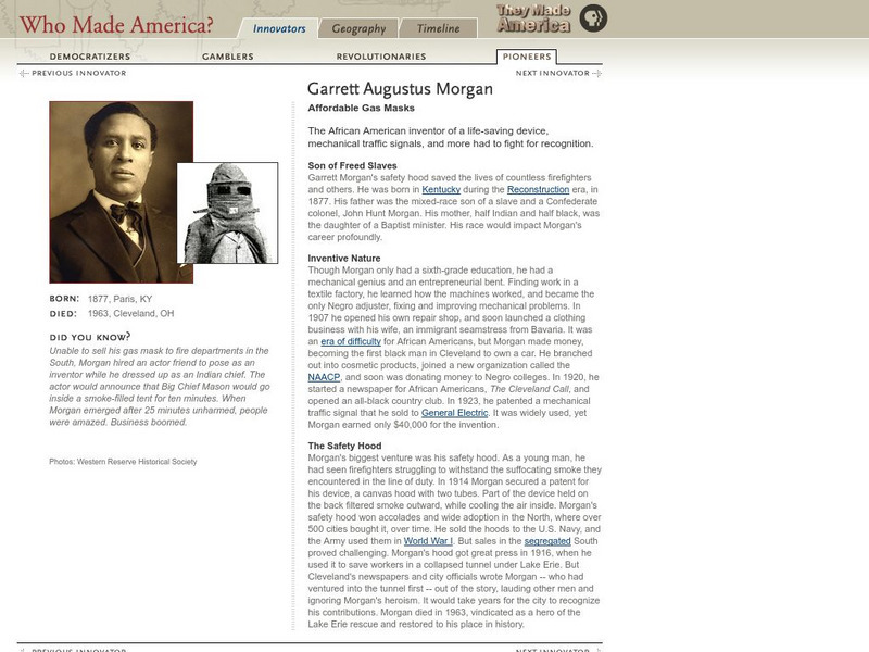 Pbs: Who Made America?: Innovators: Garrett Augustus Morgan Handout Pbs: Who Made America?: Innovators: Garrett Augustus Morgan Handout