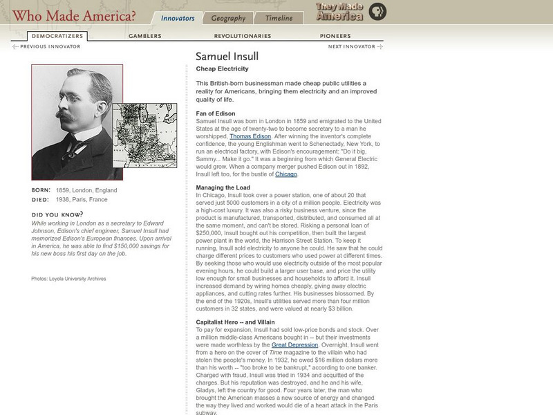Pbs: Who Made America?: Innovators: Samuel Insull Handout Pbs: Who Made America?: Innovators: Samuel Insull Handout