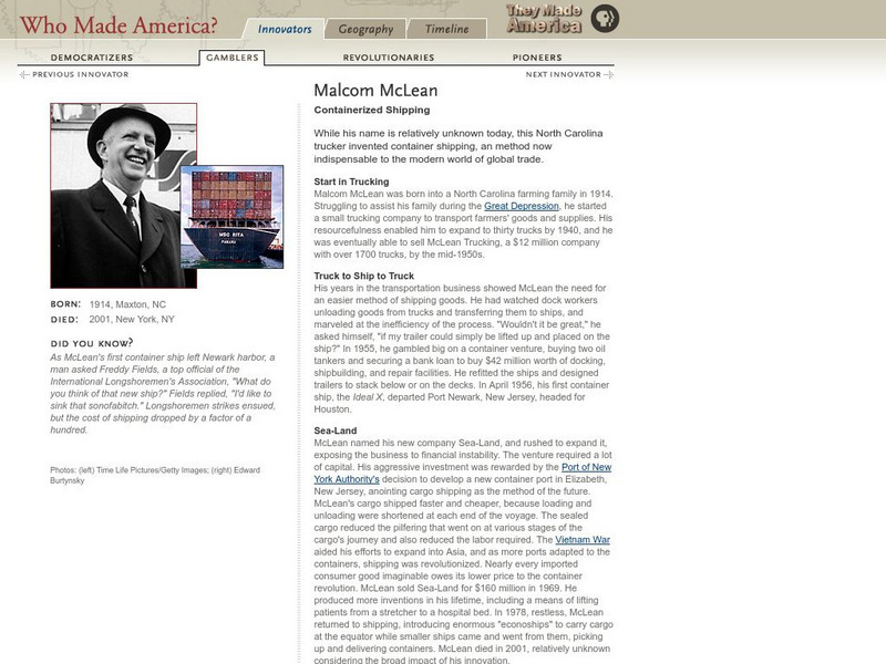 Pbs: Who Made America?: Innovators: Malcom Mc Lean Handout