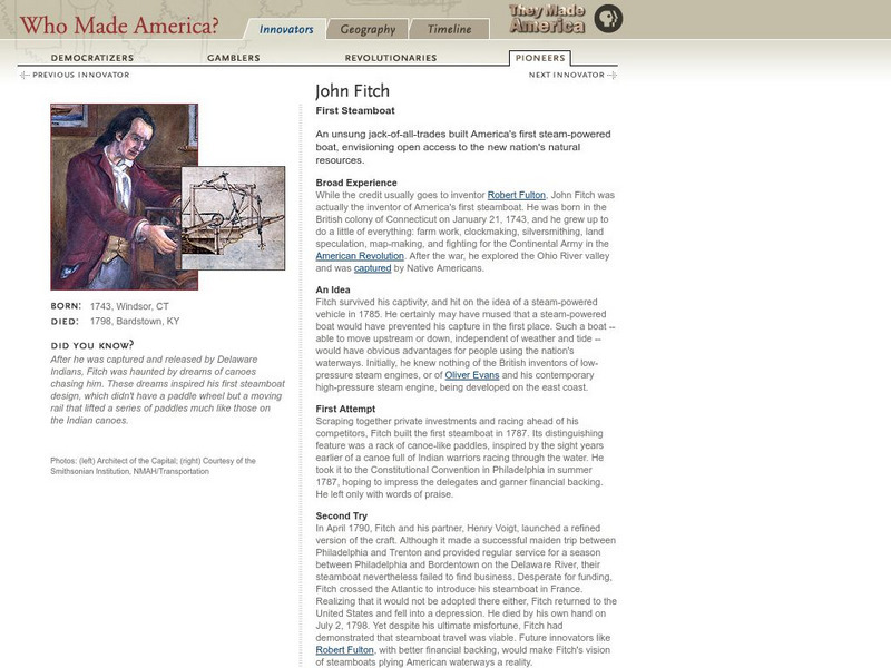 Pbs: Who Made America?: Innovators: John Fitch Handout Pbs: Who Made America?: Innovators: John Fitch Handout