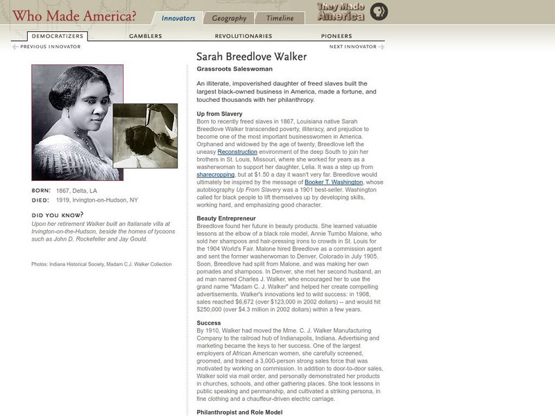Pbs: Who Made America?: Innovators: Sarah Breedlove Walker Handout Pbs: Who Made America?: Innovators: Sarah Breedlove Walker Handout