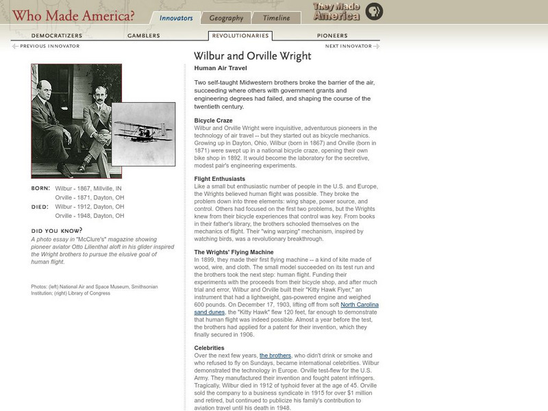 Pbs: Who Made America?: Innovators: Wilbur and Orville Wright Handout