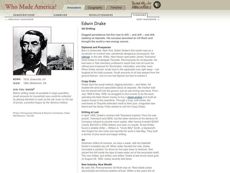 Pbs: Who Made America?: Innovators: Edwin Drake Handout Pbs: Who Made America?: Innovators: Edwin Drake Handout