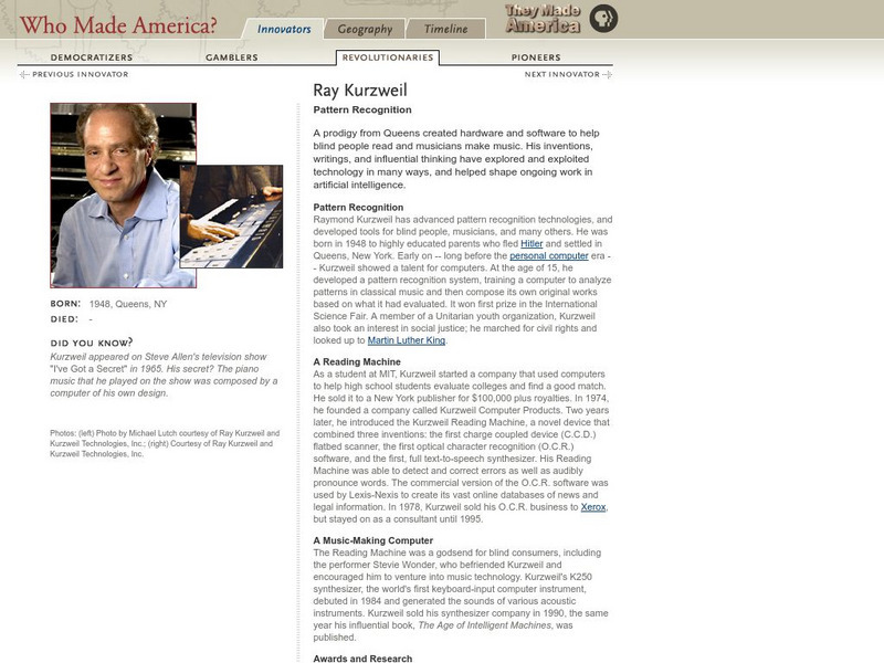 Pbs: Who Made America?: Innovators: Ray Kurzweil Handout Pbs: Who Made America?: Innovators: Ray Kurzweil Handout