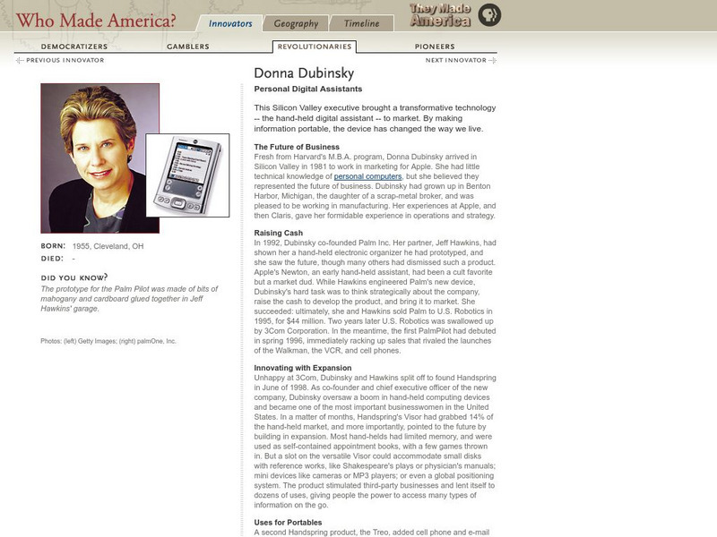 Pbs: Who Made America?: Innovators: Donna Dubinsky Handout Pbs: Who Made America?: Innovators: Donna Dubinsky Handout