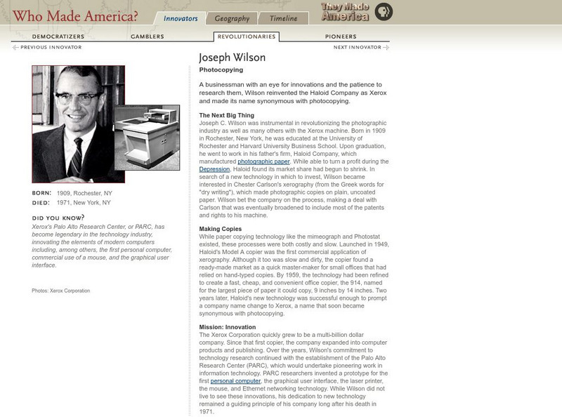 Pbs: Who Made America?: Innovators: Joseph Wilson Handout Pbs: Who Made America?: Innovators: Joseph Wilson Handout