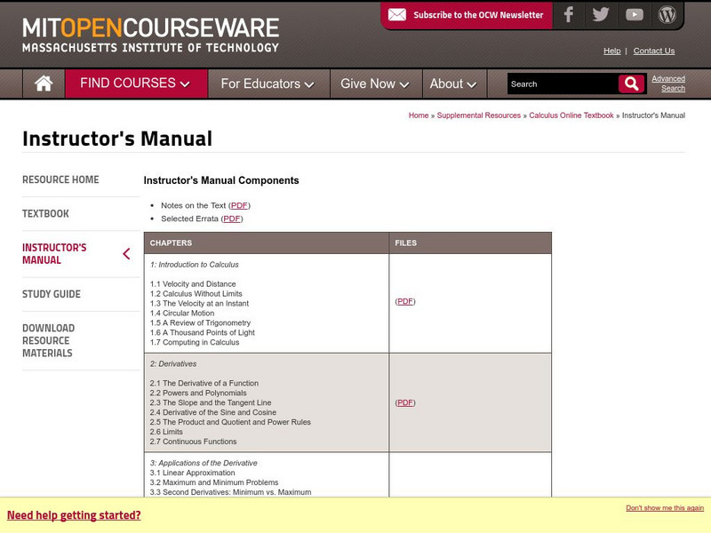Mit: Open Course Ware: Calculus (Textbook Instructor's Manual) Online Course Mit: Open Course Ware: Calculus (Textbook Instructor's Manual) Online Course