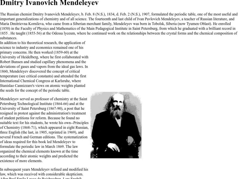 Michigan Technological University: Dmitry Ivanovich Mendeleyev Handout Michigan Technological University: Dmitry Ivanovich Mendeleyev Handout