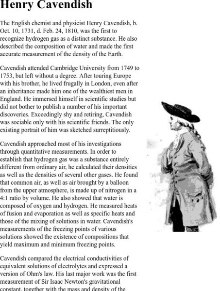 Michigan Technological University: Henry Cavendish Handout Michigan Technological University: Henry Cavendish Handout