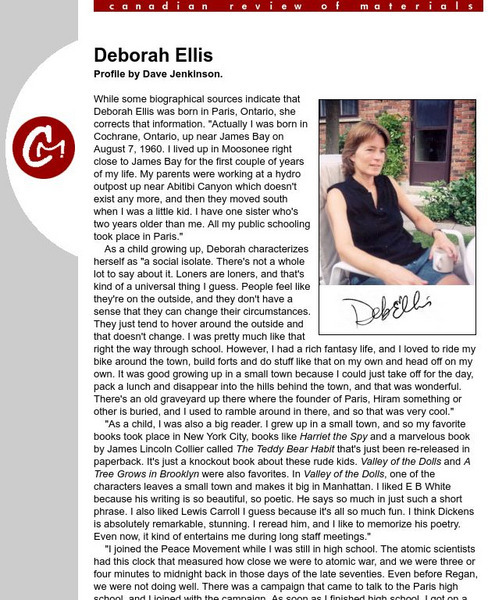 Cm Magazine Profiles: Deborah Ellis Article Cm Magazine Profiles: Deborah Ellis Article