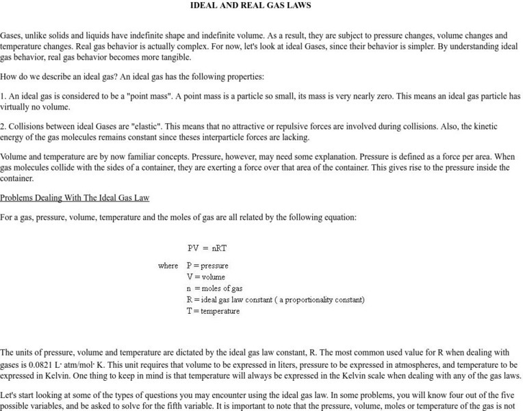 Towson University: Ideal and Real Gas Laws Handout Towson University: Ideal and Real Gas Laws Handout
