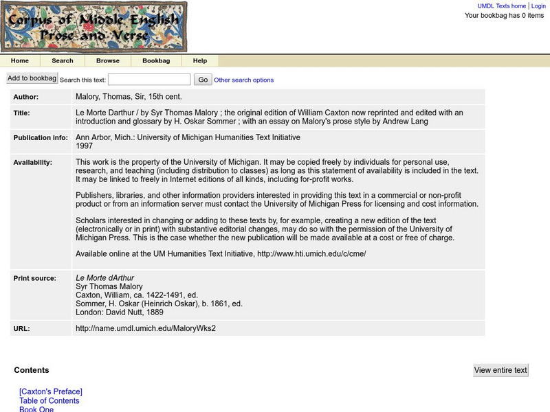 Middle English Compendium: Le Morte D Arthur, by Syr Thomas Malory eBook