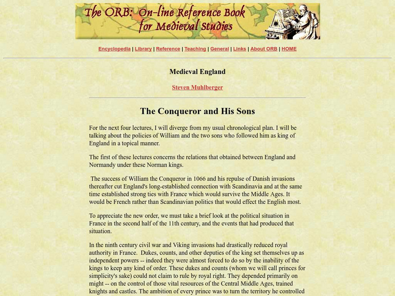 Orb: Medieval England: The Conqueror and His Sons Handout Orb: Medieval England: The Conqueror and His Sons Handout