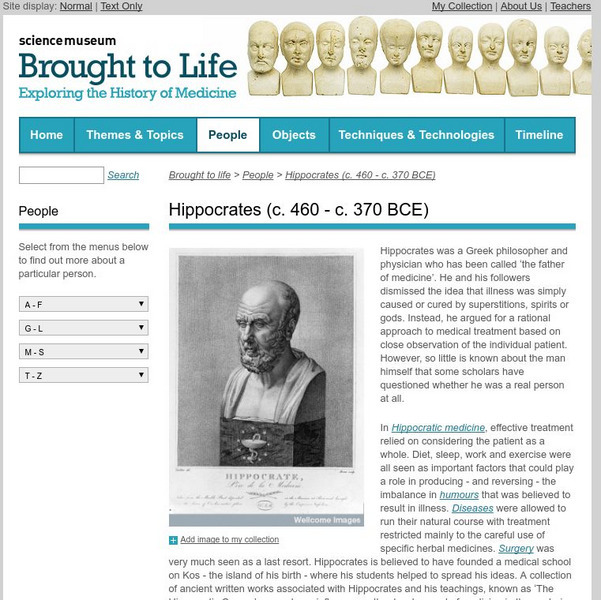 Science Museum: Brought to Life: Hippocrates (C. 460 C. 370 Bce) Handout Science Museum: Brought to Life: Hippocrates (C. 460 C. 370 Bce) Handout