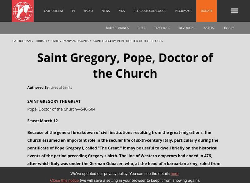 Global Catholic Network: Saint Gregory, Pope, Doctor of the Church Handout Global Catholic Network: Saint Gregory, Pope, Doctor of the Church Handout