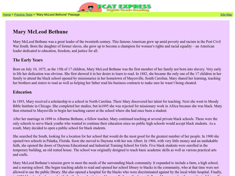 Fcat Express: Mary Mc Leod Bethune Handout Fcat Express: Mary Mc Leod Bethune Handout