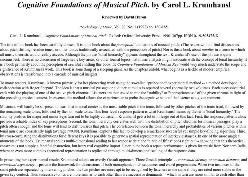 Huron's Review of C. Krumhansl's Cognitive Foundations Handout Huron's Review of C. Krumhansl's Cognitive Foundations Handout