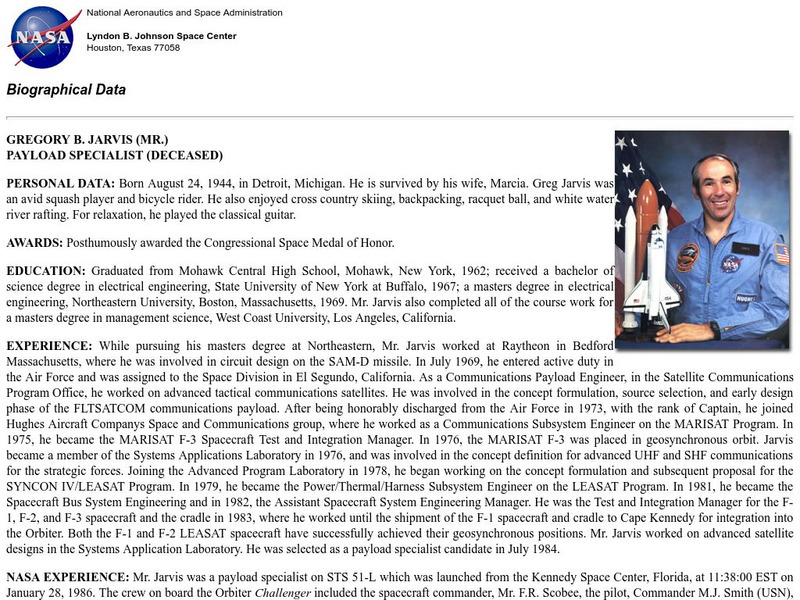 Nasa: Astronaut Biography: Gregory B. Jarvis Handout