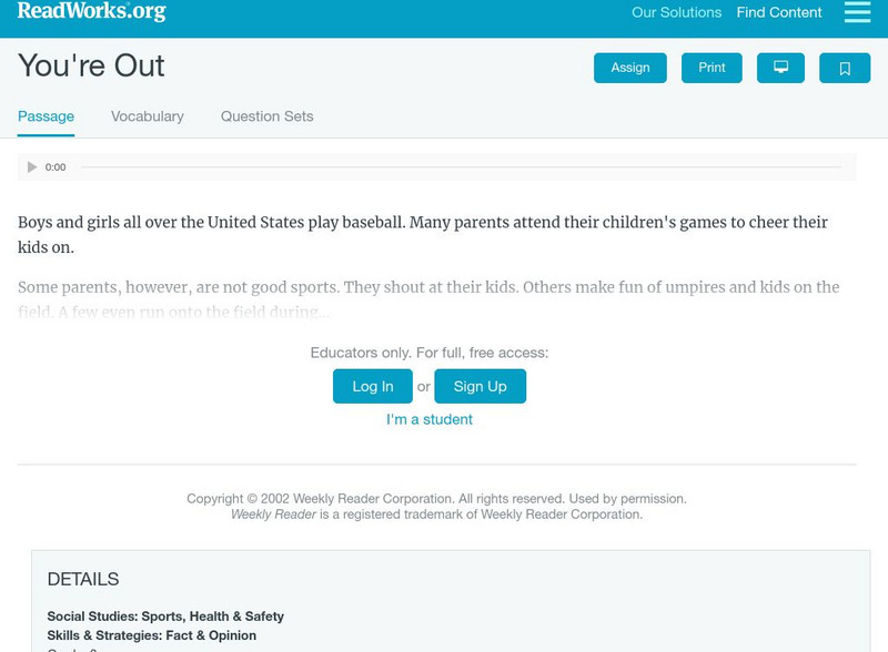 Read Works: You're Out Activity Read Works: You're Out Activity