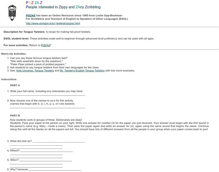Pizzaz, Creative Writing & Storytelling: Tongue Twisters Lesson Plan Pizzaz, Creative Writing & Storytelling: Tongue Twisters Lesson Plan