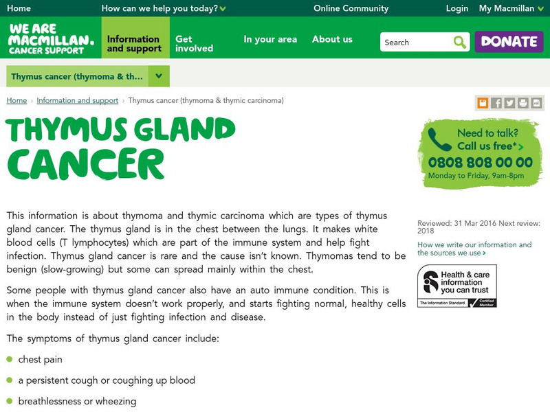 Macmillan Cancer Support: Thymus Cancer (Thymoma and Thymic Carcinoma) Website
