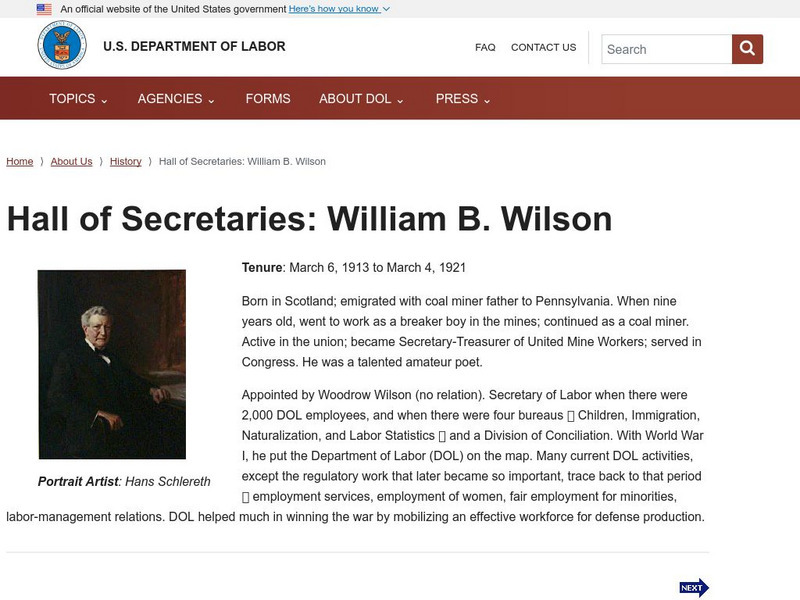U.s. Department of Labor: William B. Wilson Handout U.s. Department of Labor: William B. Wilson Handout